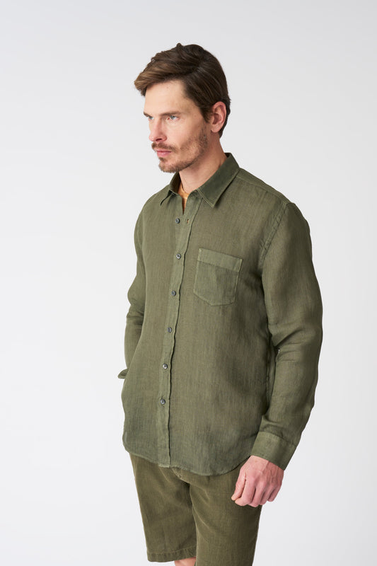 Men's Italian Collar Regular Fit Linen Shirt with Pocket – Caffe Soft Fade, view 1
