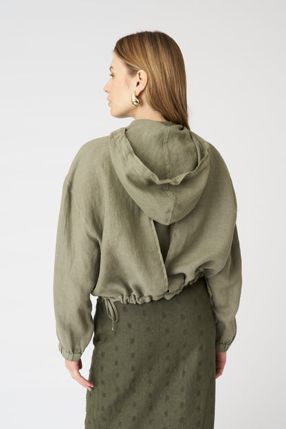 Women's Linen Jacket with Hood and Drawstring Waist – Cactus, view 4