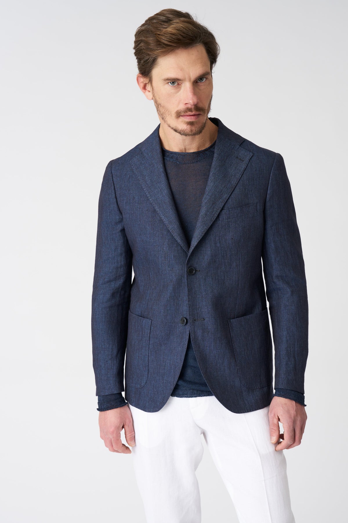 Men's Linen Slim Fit Single-Breasted Blazer with Patch Pockets – Navy, view 3
