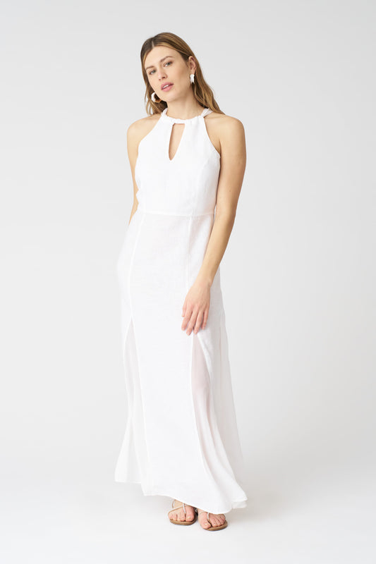 Women's Linen Maxi Tie Neck Dress – White, view 1