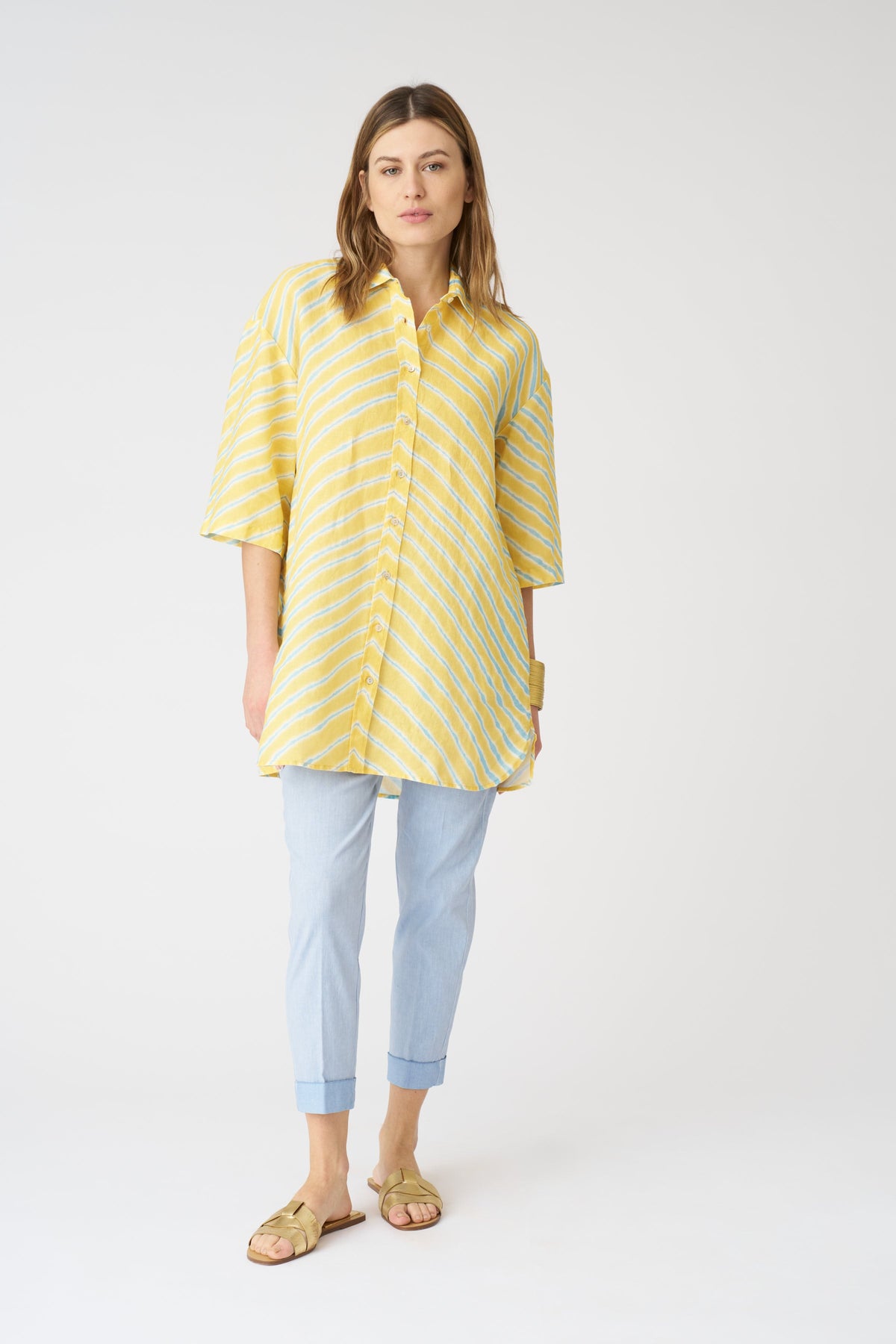 Women's Wave-Stripe Boyfriend Linen Shirt – Print, view 3