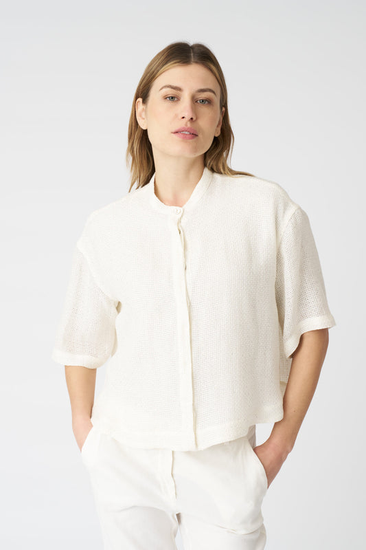 Women's Linen Cropped Shirt with Dropped Shoulders – White, view 1