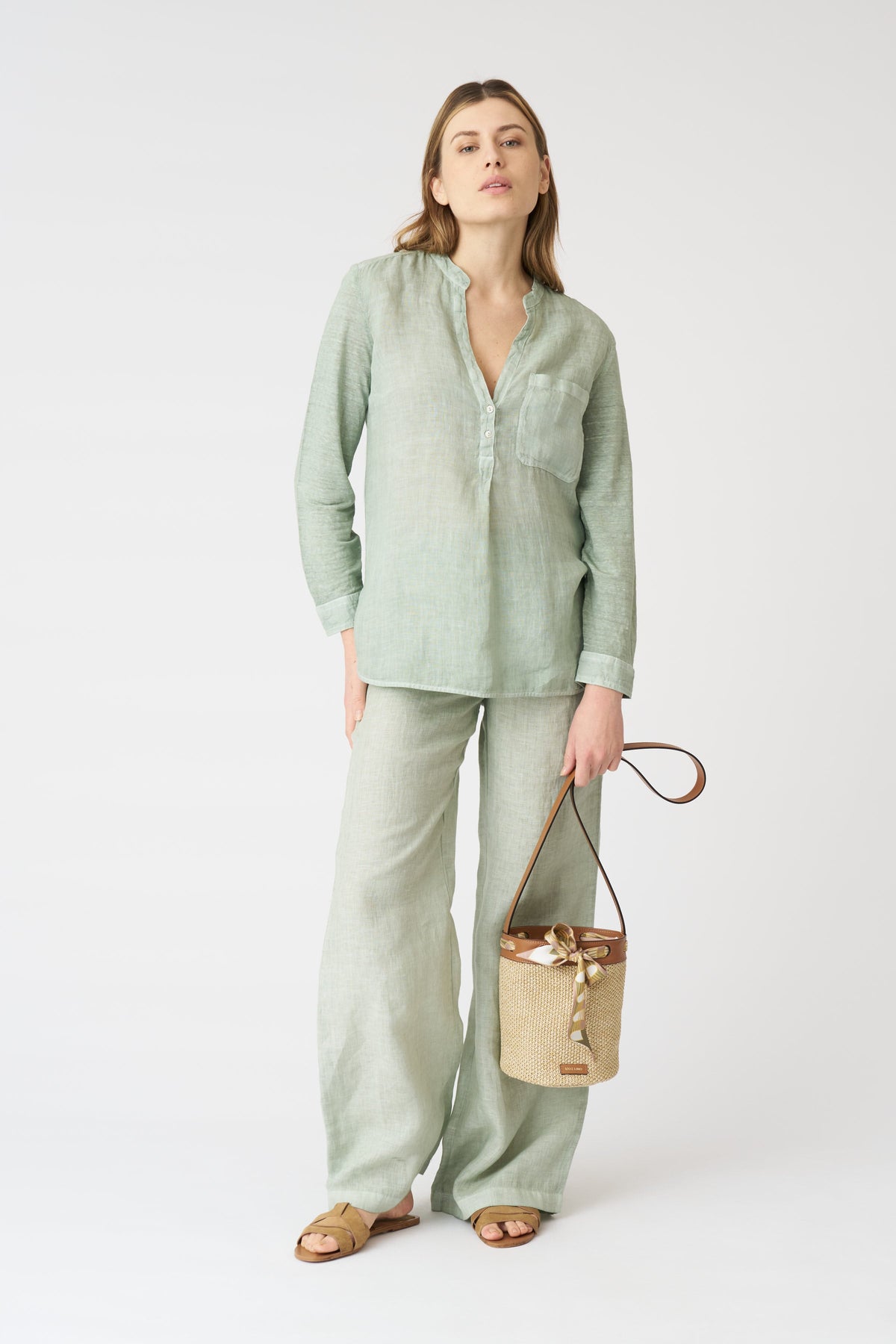 Women's Linen Blouse with Side Slits – Pistache Soft Fade, view 3