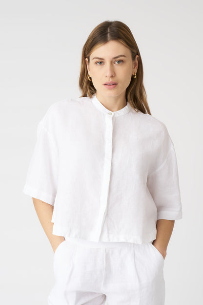 Women's Linen Mandarin Collar Cropped Shirt – White, view 1