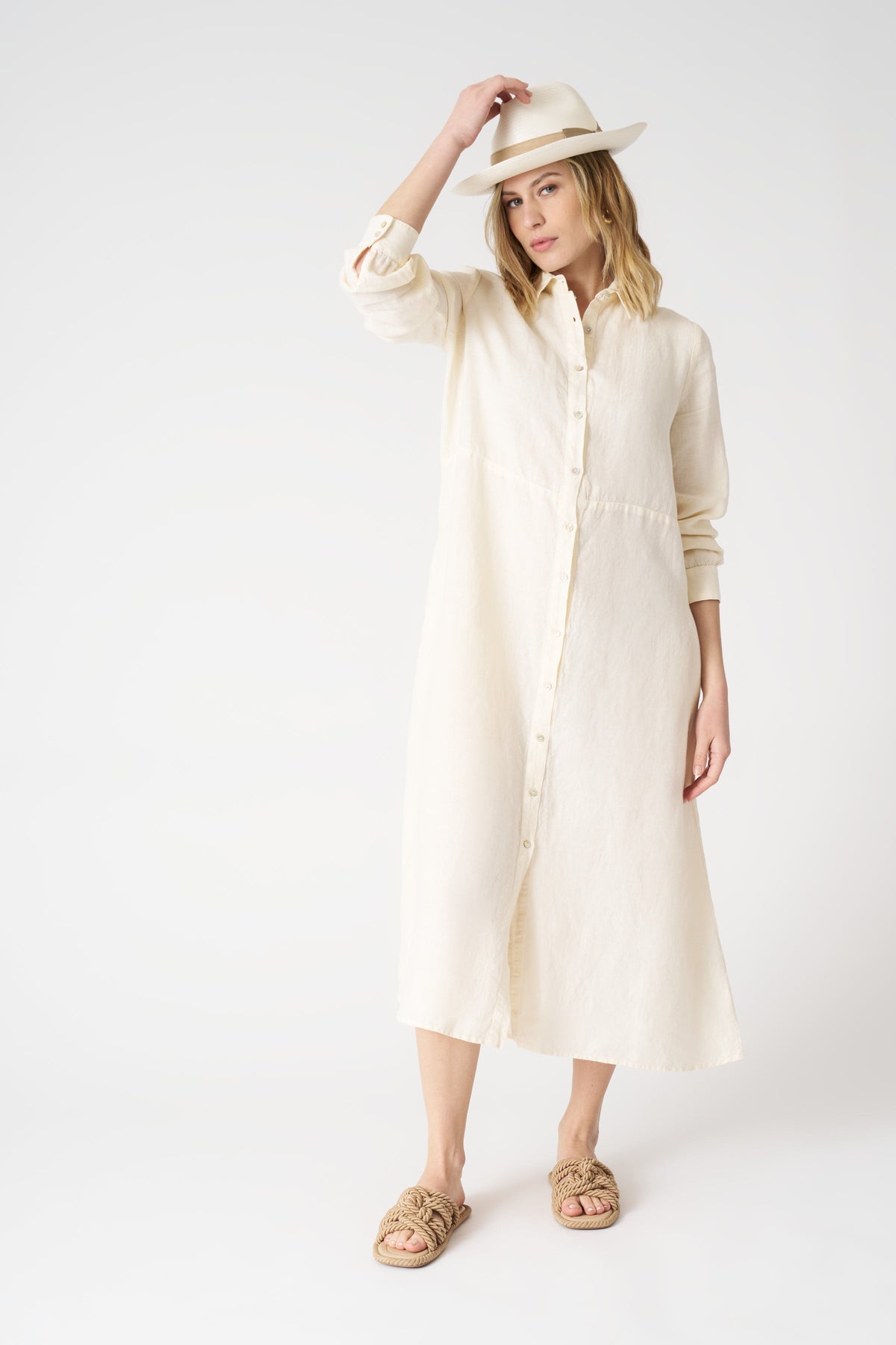 Women's Linen Relaxed Long Shirt Dress – Ecru, view 1