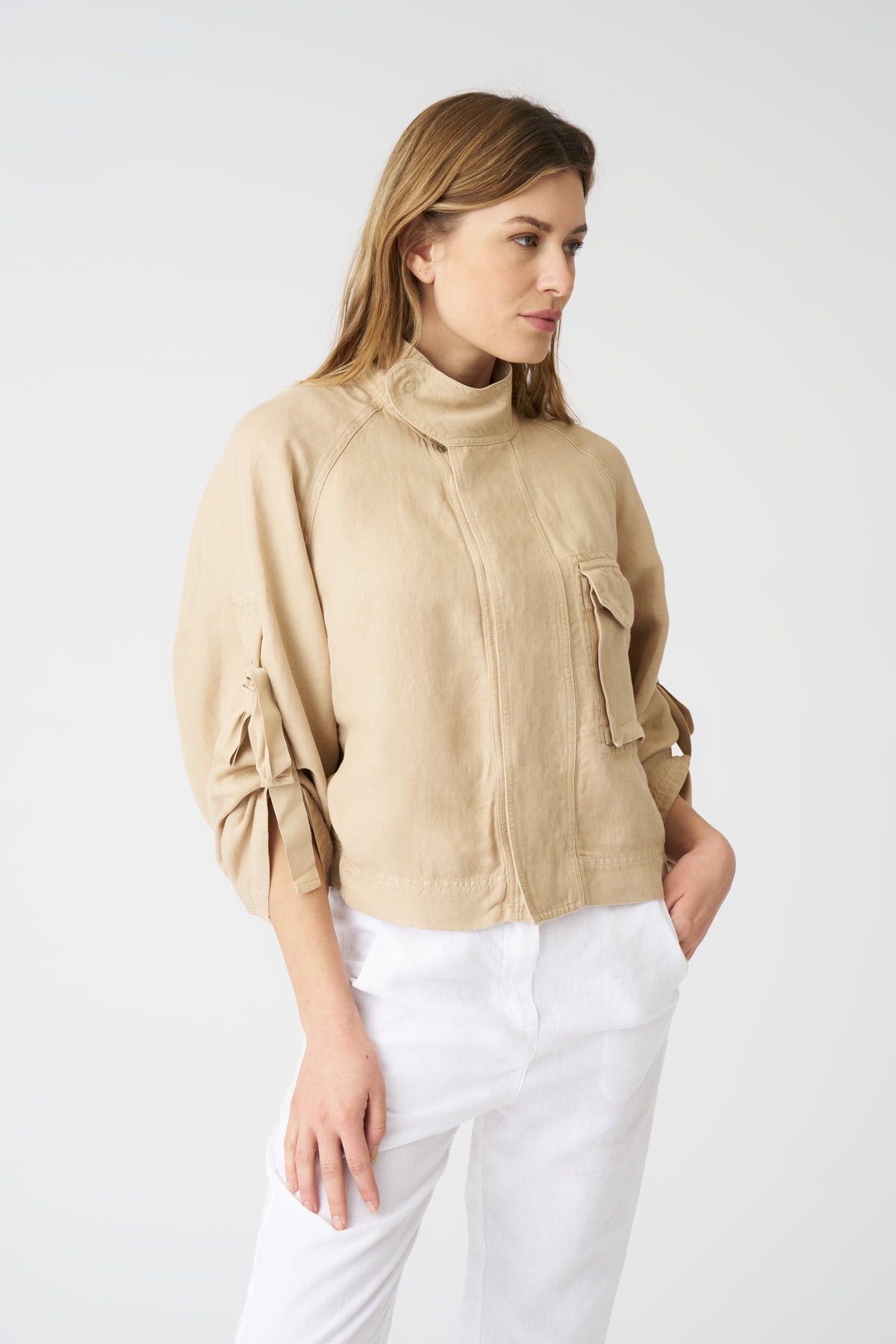 Women's Linen Jacket with Tie-Front Sleeves – Almond, view 1