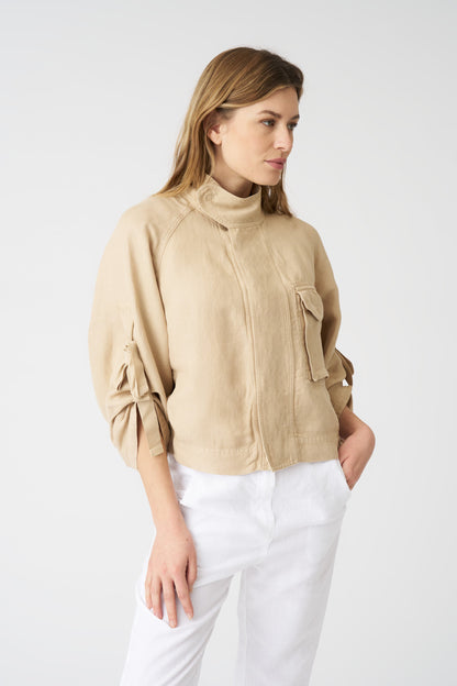 Women's Linen Jacket with Tie-Front Sleeves – Almond, view 1