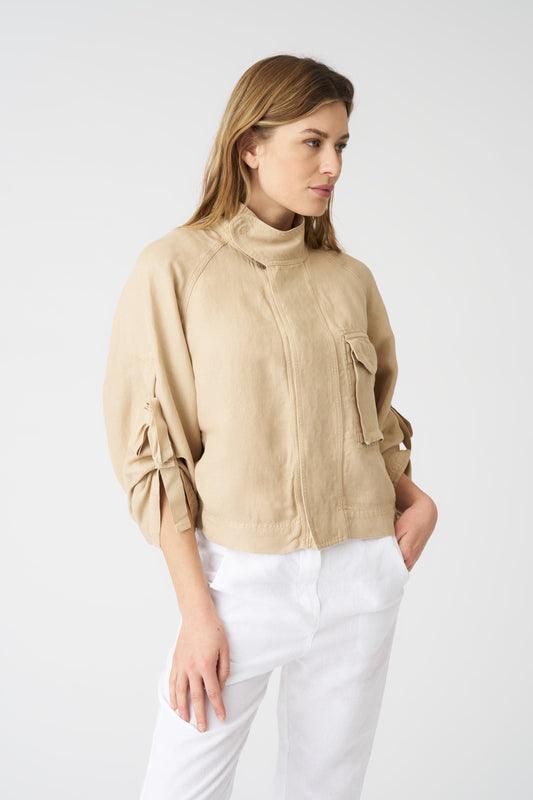 Women's Linen Jacket with Tie-Front Sleeves – Almond, view 1