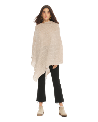 Monticelli Pure Cashmere Cable Knit Poncho Beige Made In Italy 5