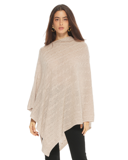 Monticelli Pure Cashmere Cable Knit Poncho Beige Made In Italy 2