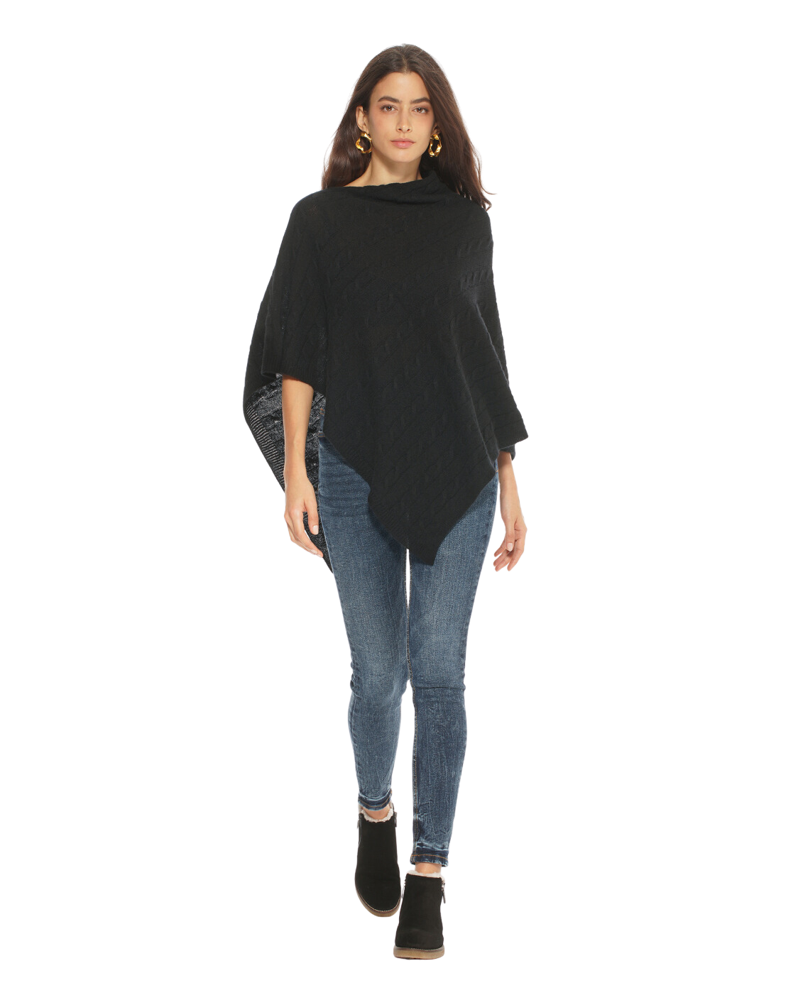 Monticelli Pure Cashmere Cable Knit Poncho Black Made In Italy 4