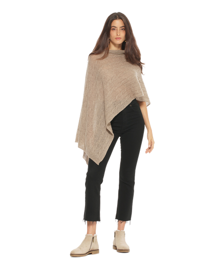 Monticelli Pure Cashmere Cable Knit Poncho Taupe  Made In Italy 4