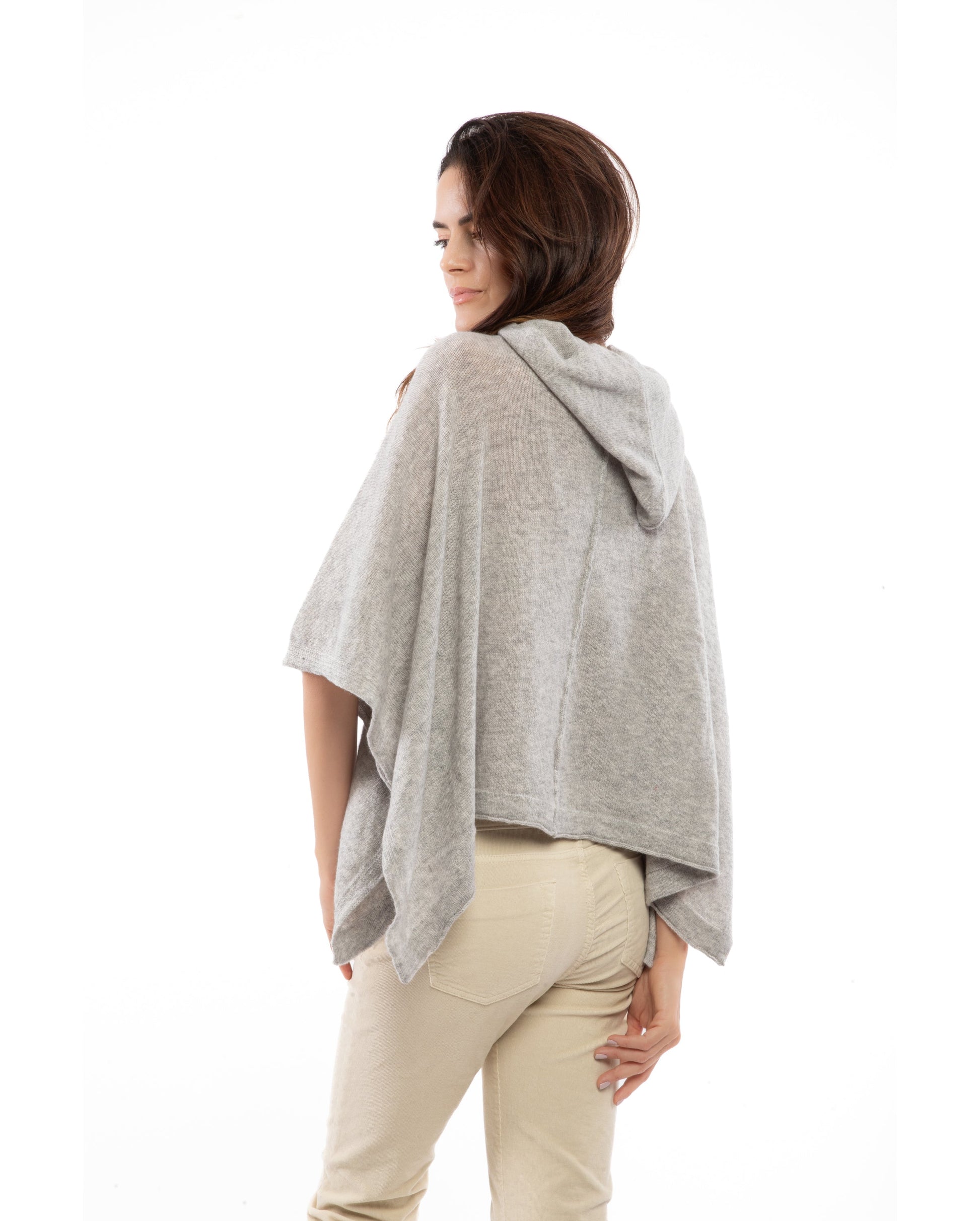 Cashmere Button Hoodie Poncho Light Gray Made In Italy 5