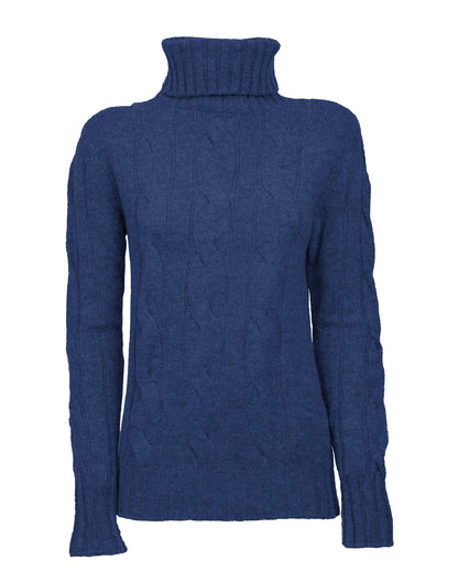 NEW FALL 24 - Women's Pure Cashmere Cable Knit Turtleneck Sweater Melange Blue