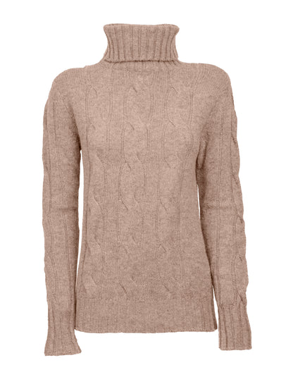 NEW FALL 24 - Women's Pure Cashmere Cable Knit Turtleneck Sweater Taupe