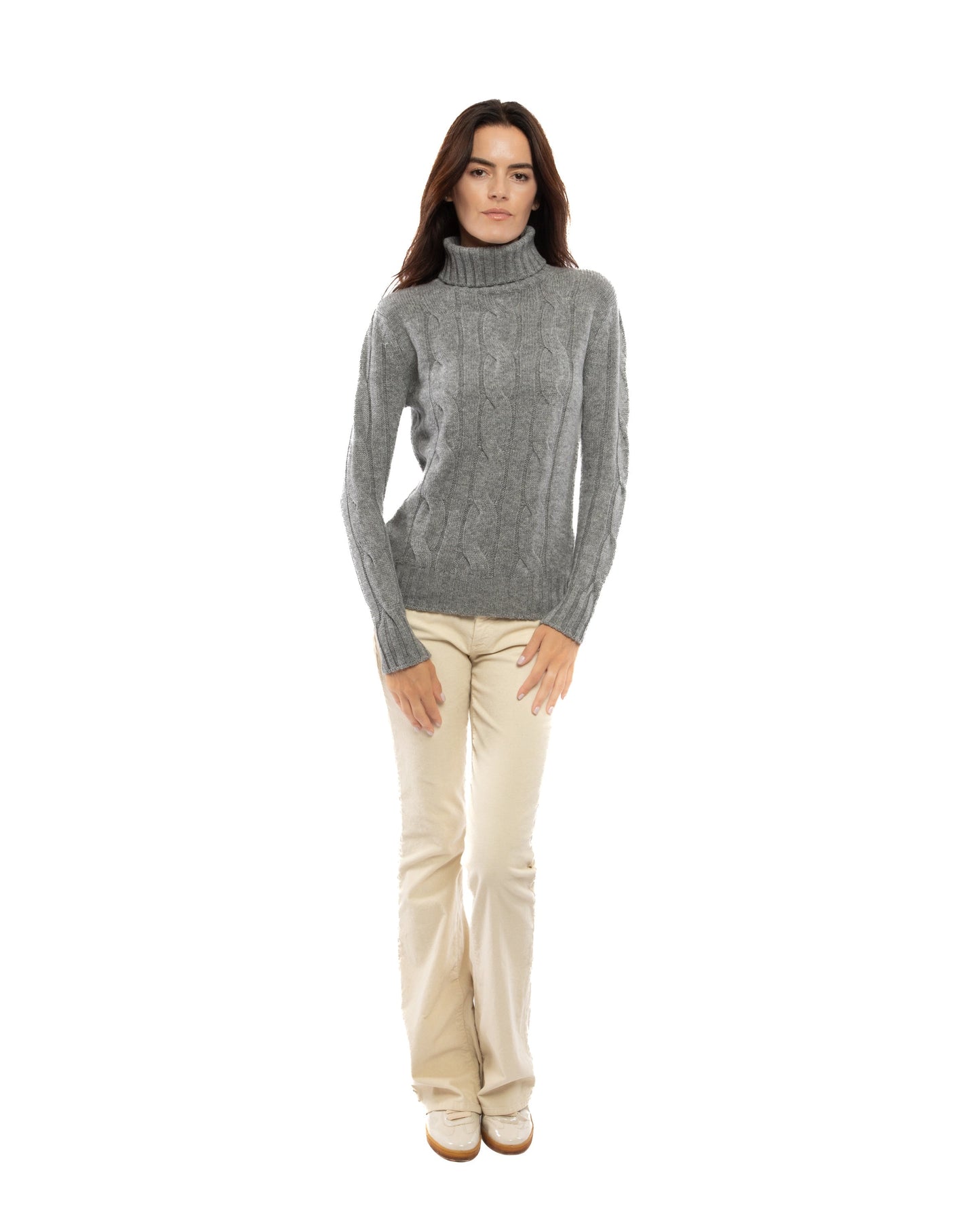 NEW FALL 24 - Women's Pure Cashmere Cable Knit Turtleneck Sweater Taupe