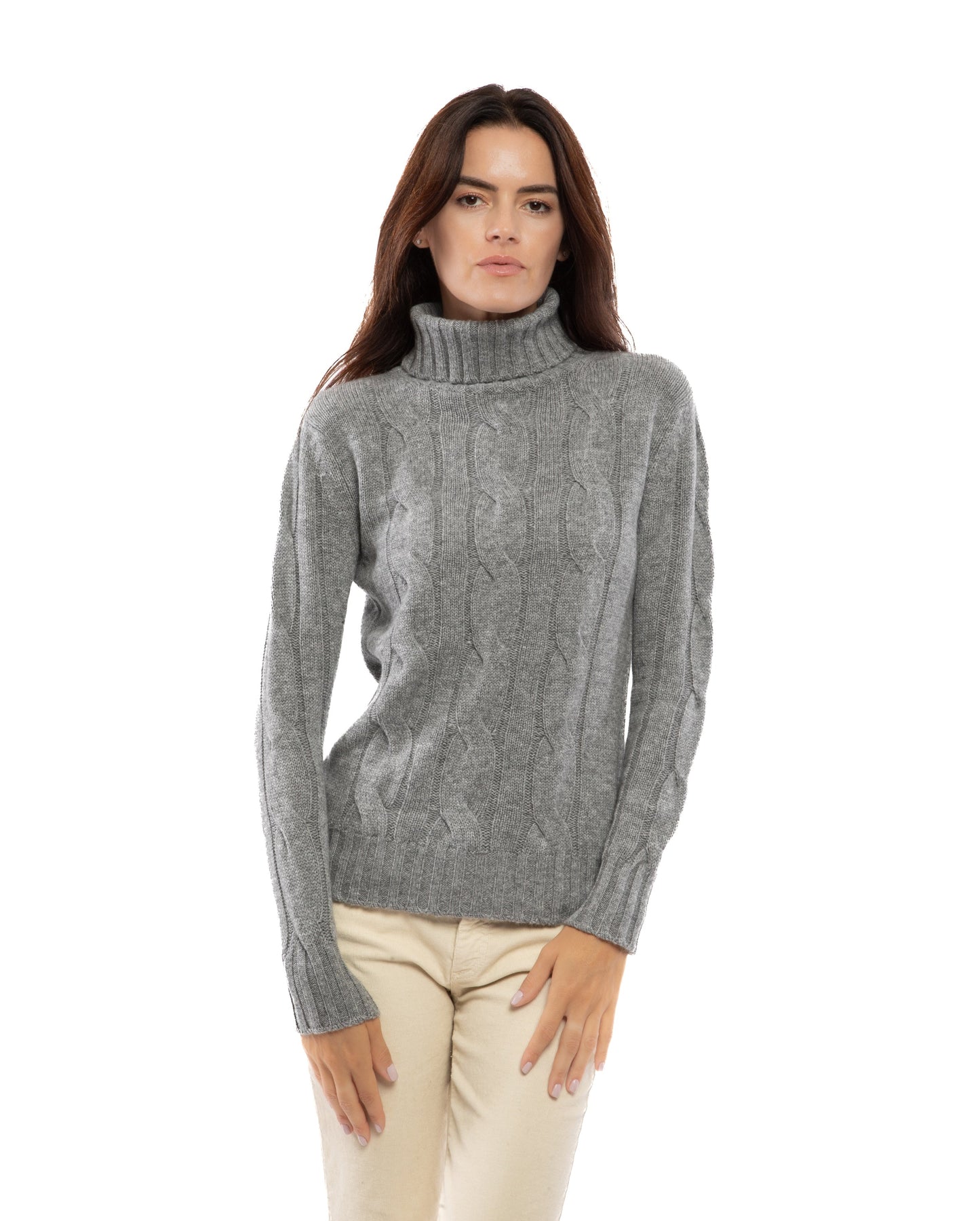 NEW FALL 24 - Women's Pure Cashmere Cable Knit Turtleneck Sweater Melange Blue