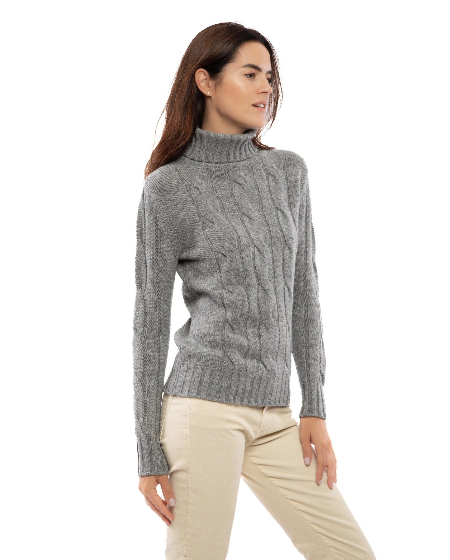 NEW FALL 24 - Women's Pure Cashmere Cable Knit Turtleneck Sweater Melange Blue