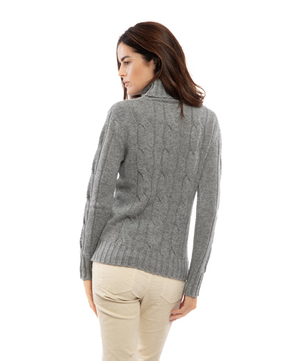 Women's Pure Cashmere Cable Knit Turtleneck Sweater Melange Gray