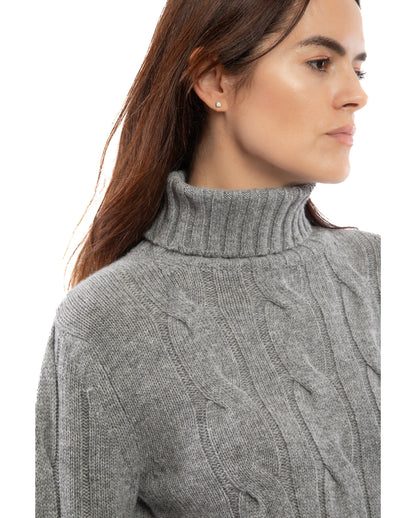 NEW FALL 24 - Women's Pure Cashmere Cable Knit Turtleneck Sweater Melange Blue