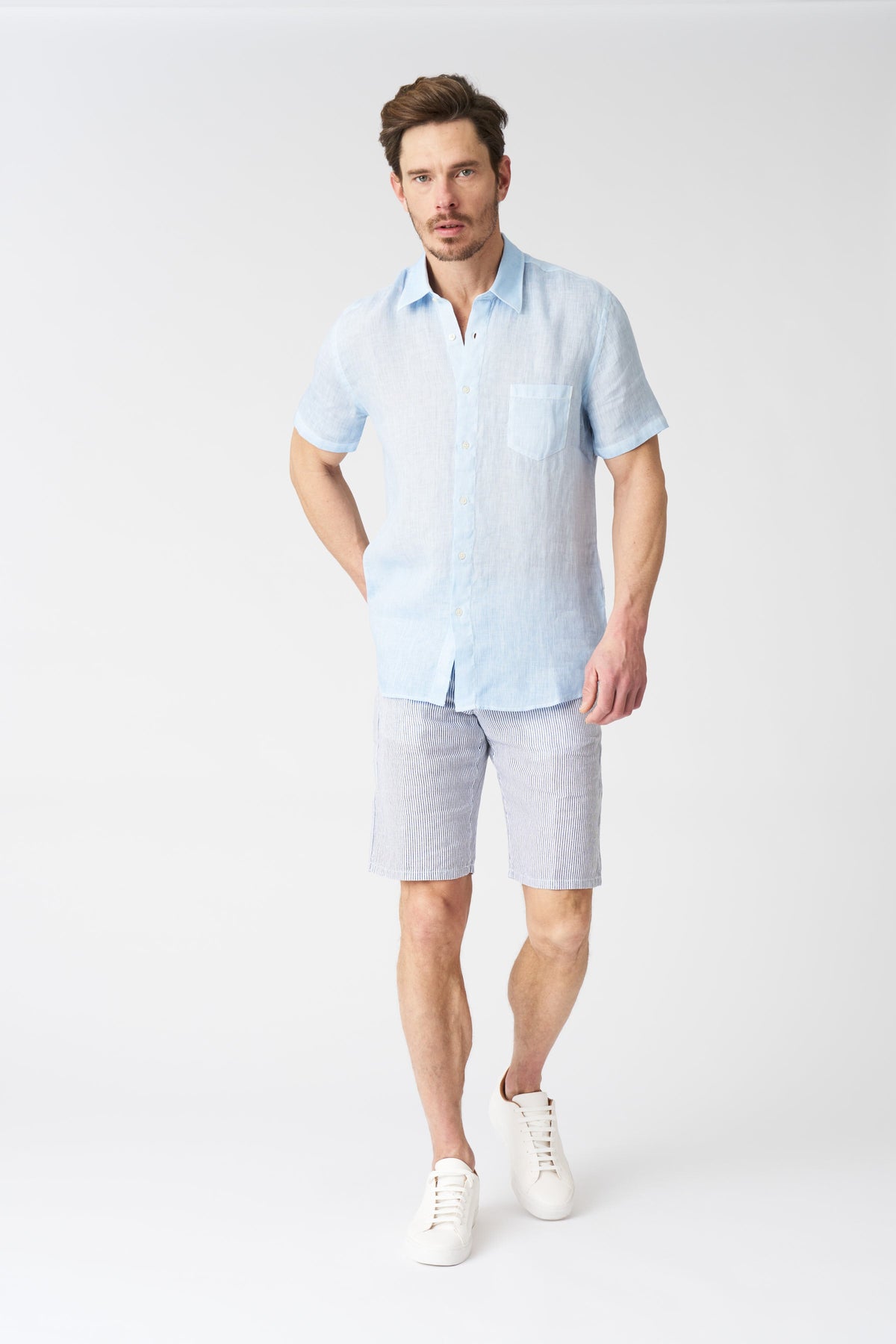 Men's Regular Fit Linen Shirt with Pocket – Sea Soft Fade, view 3