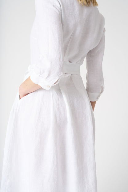 Women's Linen V-Neck Shirt Dress with Belt – White, view 4