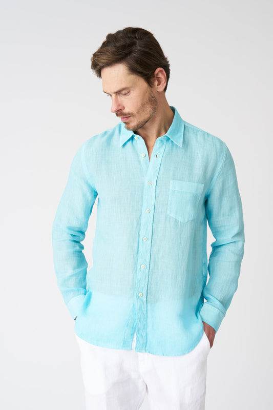 Men's Italian Collar Regular Fit Linen Shirt with Pocket – Aruba Blue Soft Fade, view 1