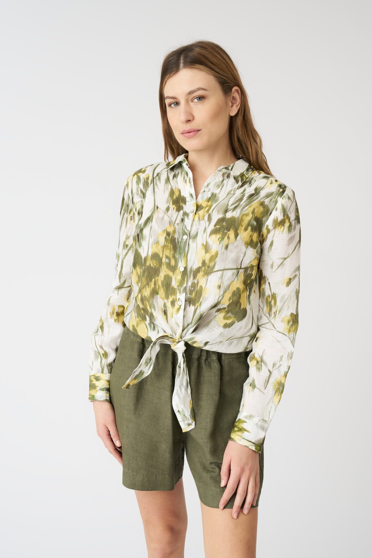 Women's Linen Japanese Flower Tie-Front Shirt – Washed-Green Print, view 1