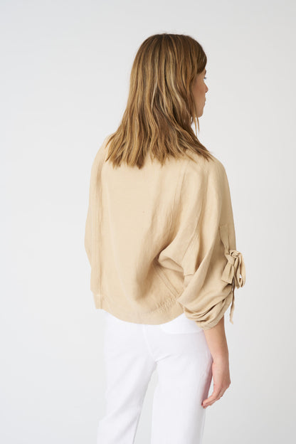 Women's Linen Jacket with Tie-Front Sleeves – Almond, view 4