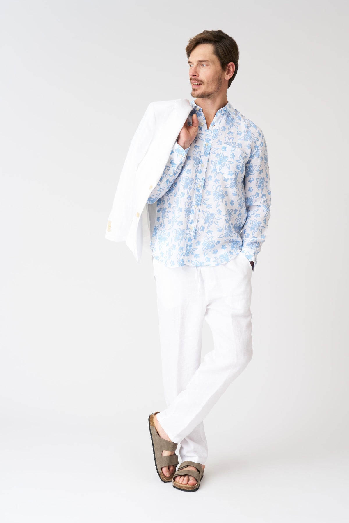 Men's Painted Flower Regular Fit Linen Shirt – Azzurro/White, view 3