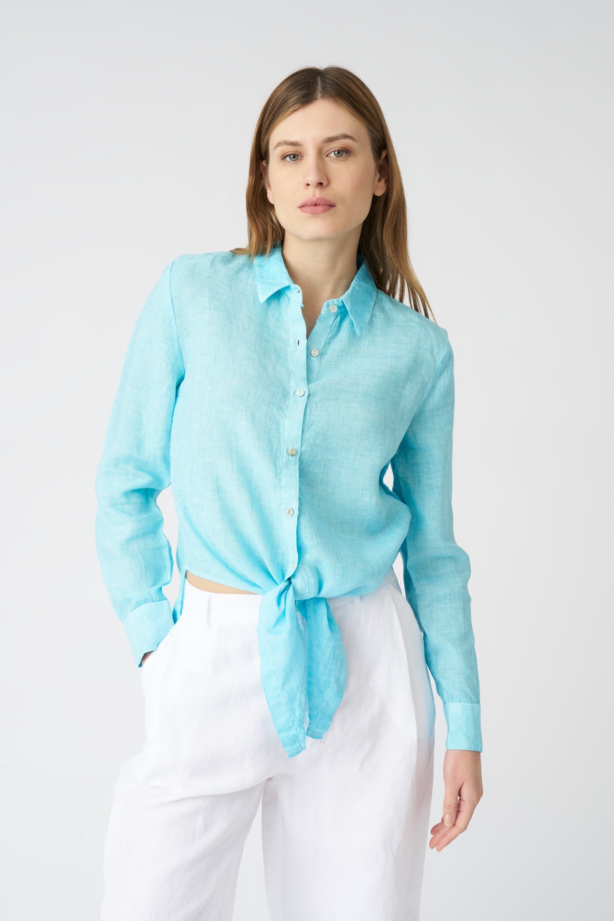 Women's Linen Tie-Front Shirt – Aruba Blue Soft Fade, view 1
