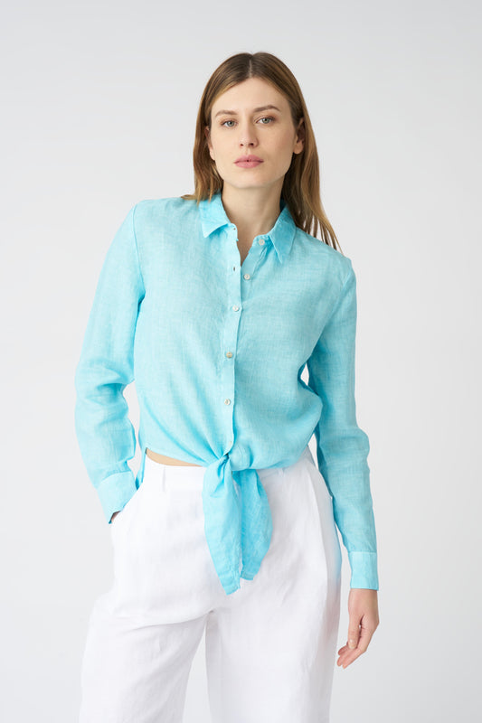 Women's Linen Tie-Front Shirt – Aruba Blue Soft Fade, view 1