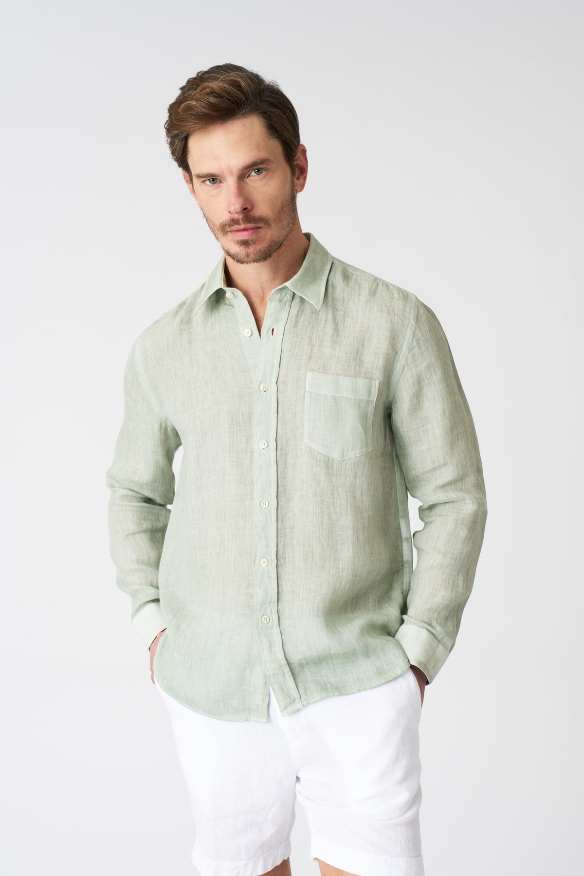 Men's Italian Collar Regular Fit Linen Shirt with Pocket – Pistache Soft Fade, view 1