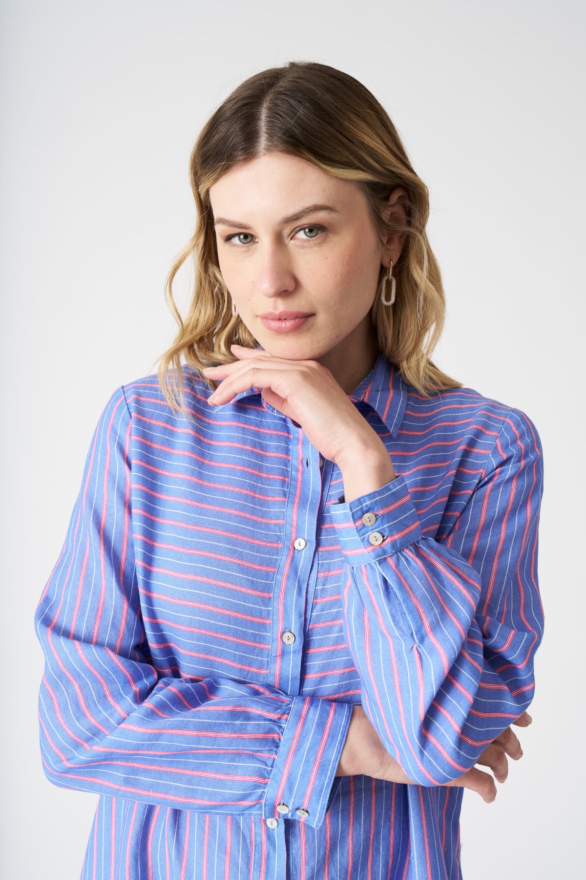 Women's Striped Linen Shirt Dress – Washed Sky, view 2