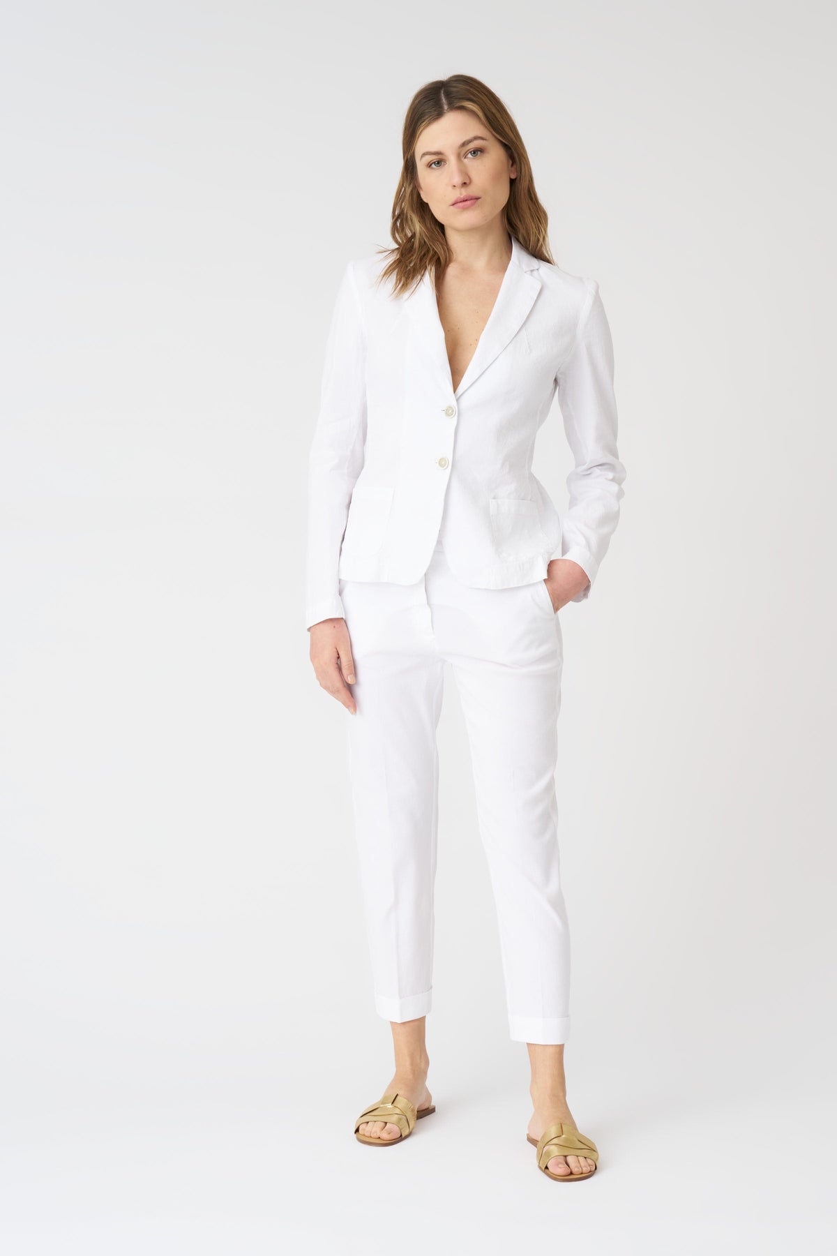 Women's Linen Fitted Blazer – White, view 3