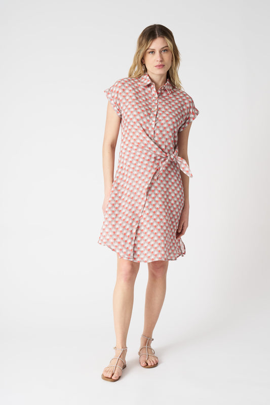 Women's Linen Geometric Dress with Draped Knot – Washed Orange, view 1
