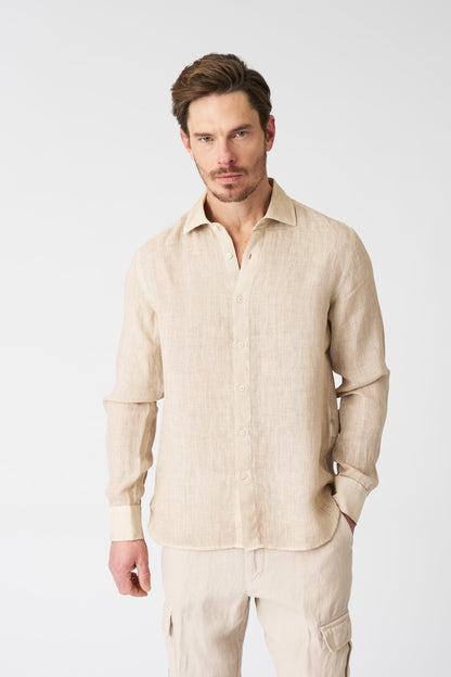 Men's Slim Fit Linen Shirt – Beige Soft Fade, view 1