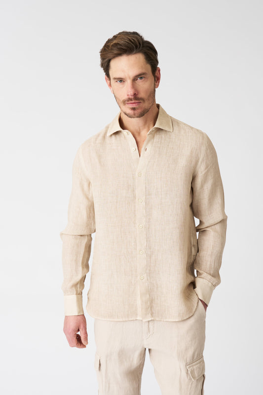 Men's Slim Fit Linen Shirt – Beige Soft Fade, view 1