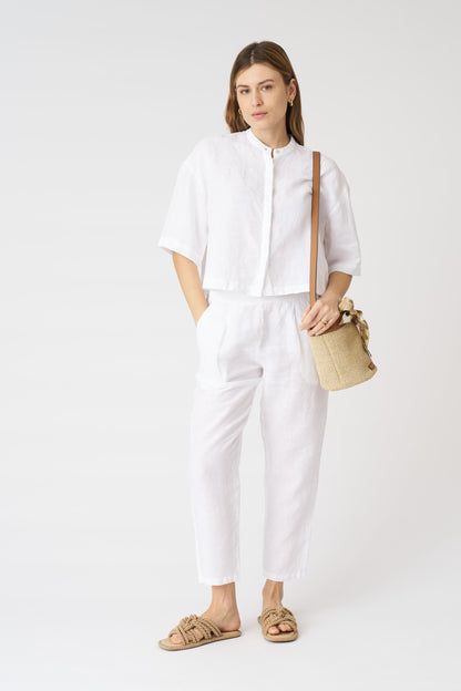 Women's Linen Mandarin Collar Cropped Shirt – White, view 3