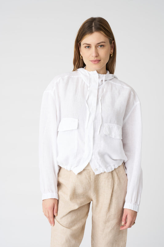 Women's Linen Jacket with Hood and Drawstring Waist – White, view 1