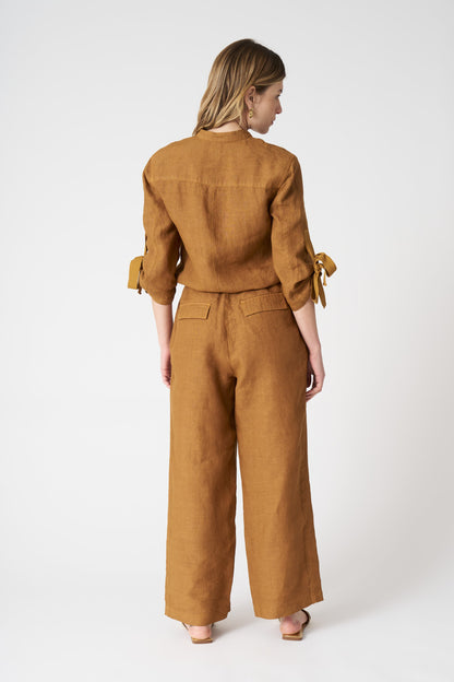 Women's Linen Jumpsuit with Tied Sleeves – Curry, view 3
