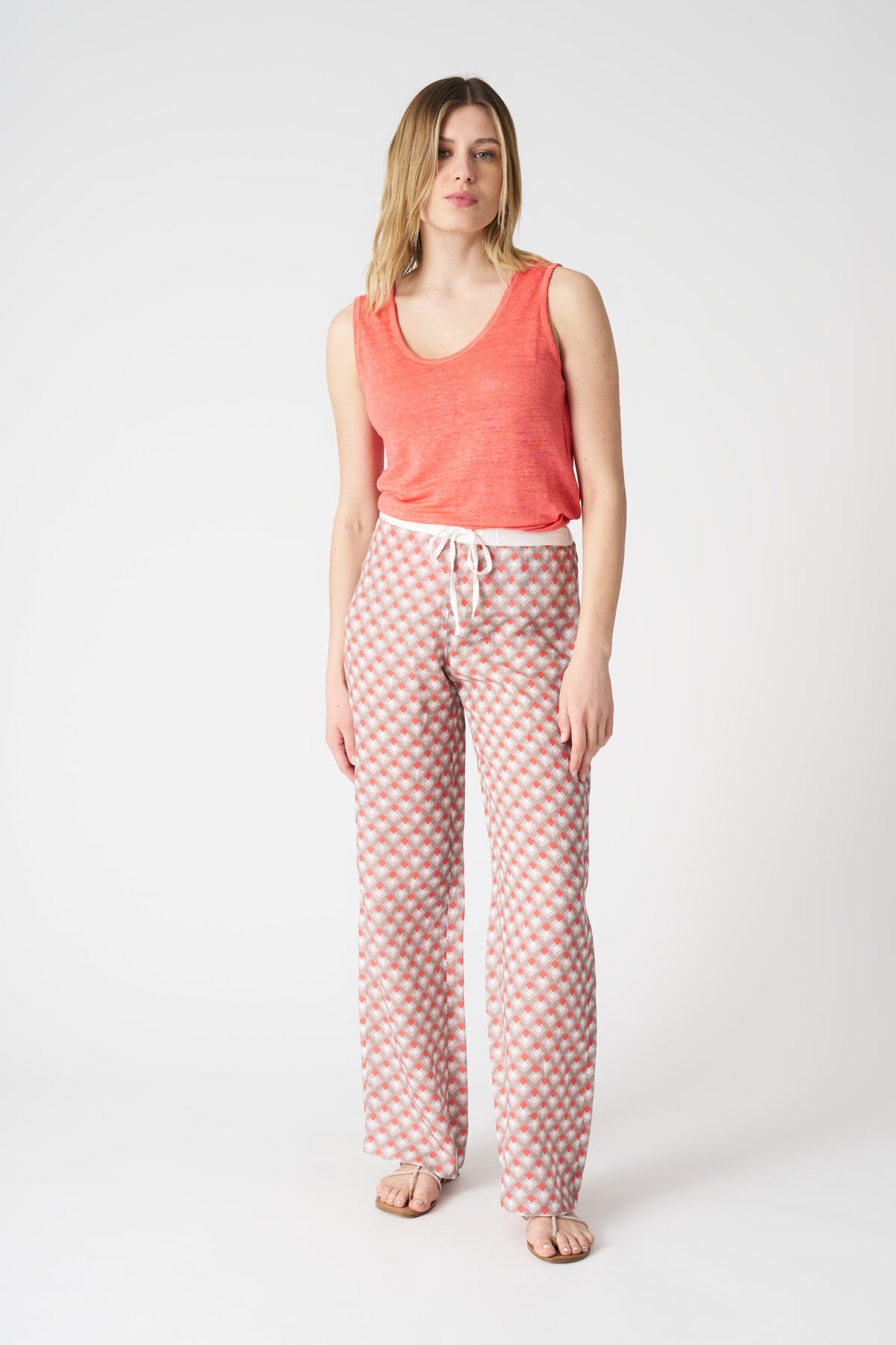 Women's Linen Geometric Drawstring Pants – Washed Orange, view 1