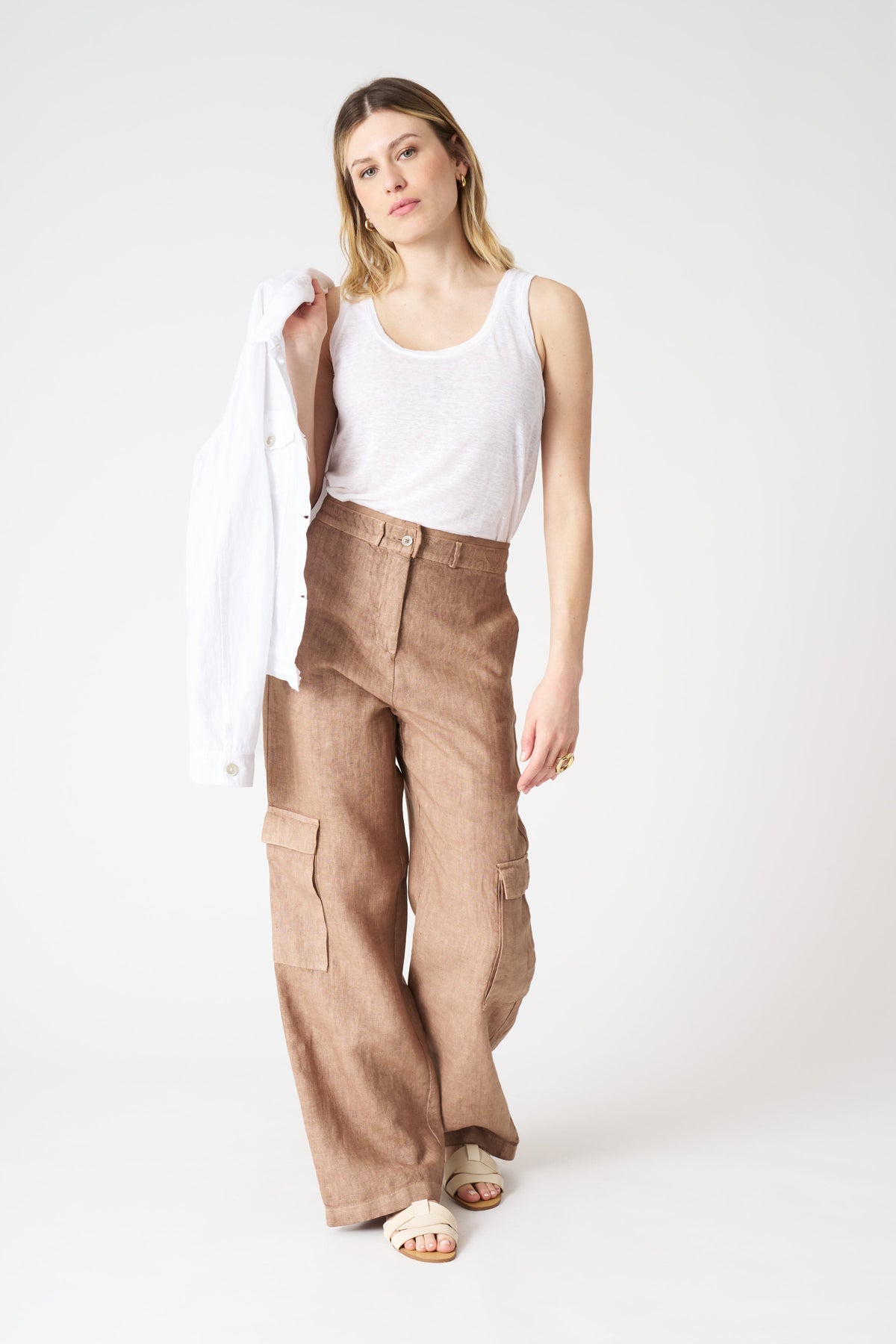 Women's Linen Wide-Leg Cargo Pants – Tabacco Soft Fade, view 1