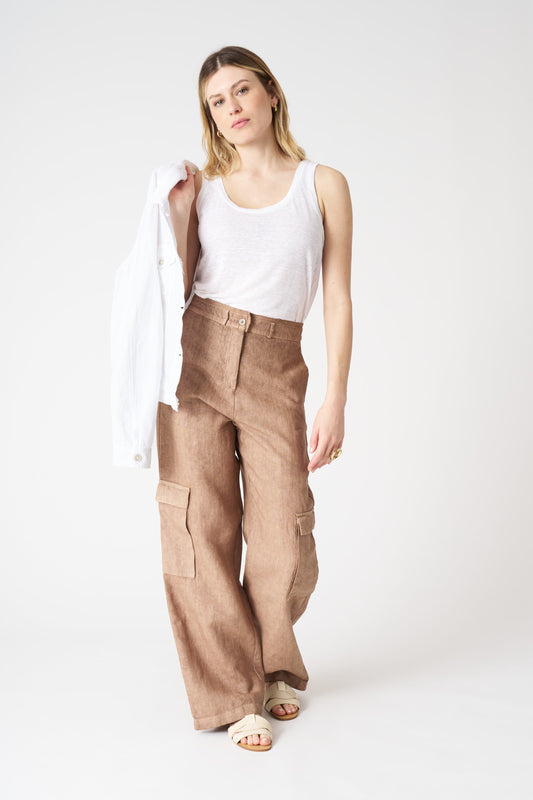 Women's Linen Wide-Leg Cargo Pants – Tabacco Soft Fade, view 1