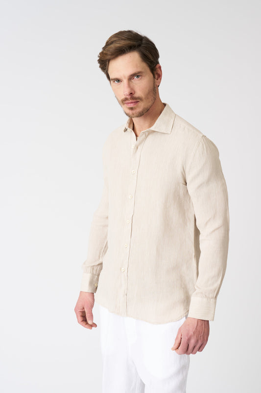 Men's Textured Linen Slim Fit Shirt – Sand, view 1