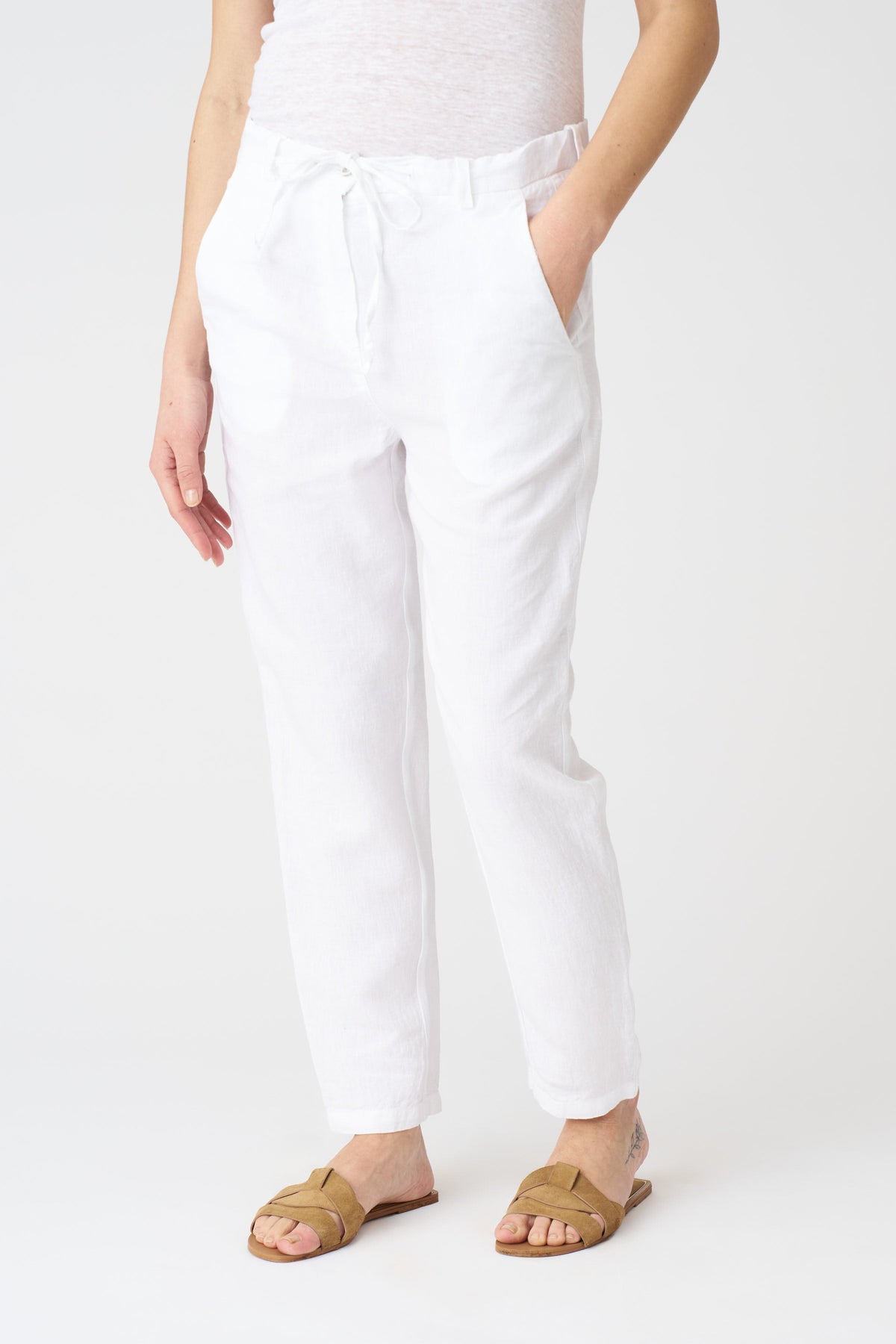 Women's Linen Drawstring Pants – White, view 3