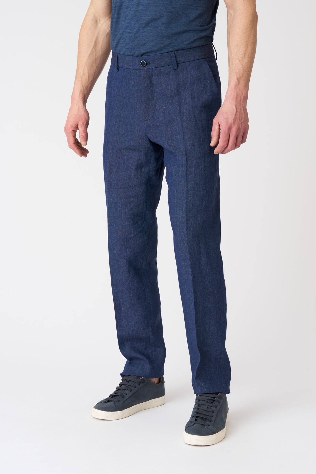Men's Linen Chino Pants with Pleats – Navy, view 3