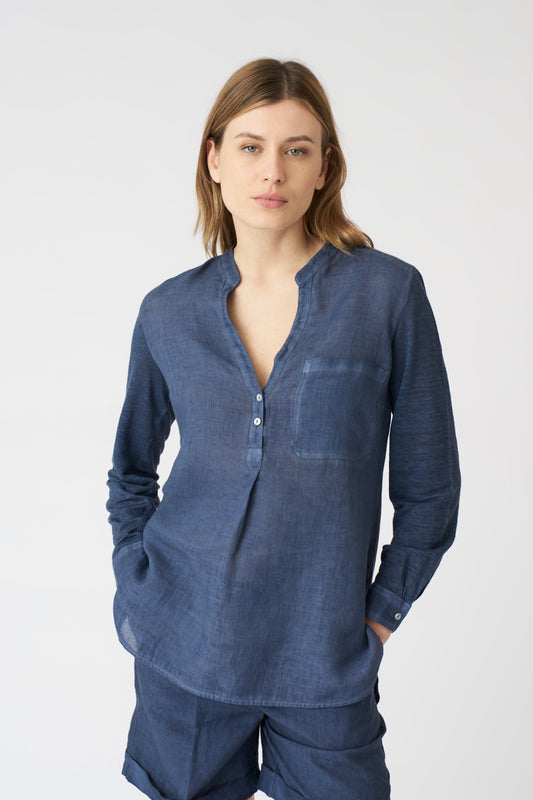 Women's Linen Blouse with Side Slits – Navy Fade, view 1