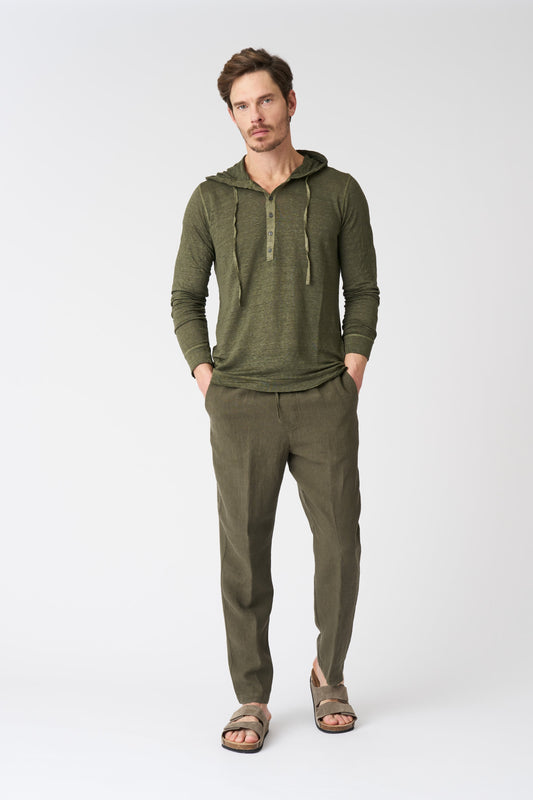 Men's Linen Drawstring Pants with Pleats – Military, view 1