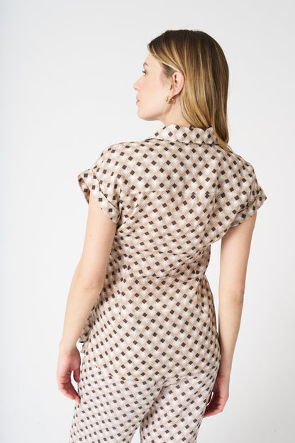 Women's Geometric Brown Shirt with Draped Knot – Washed Cioccolato, view 4